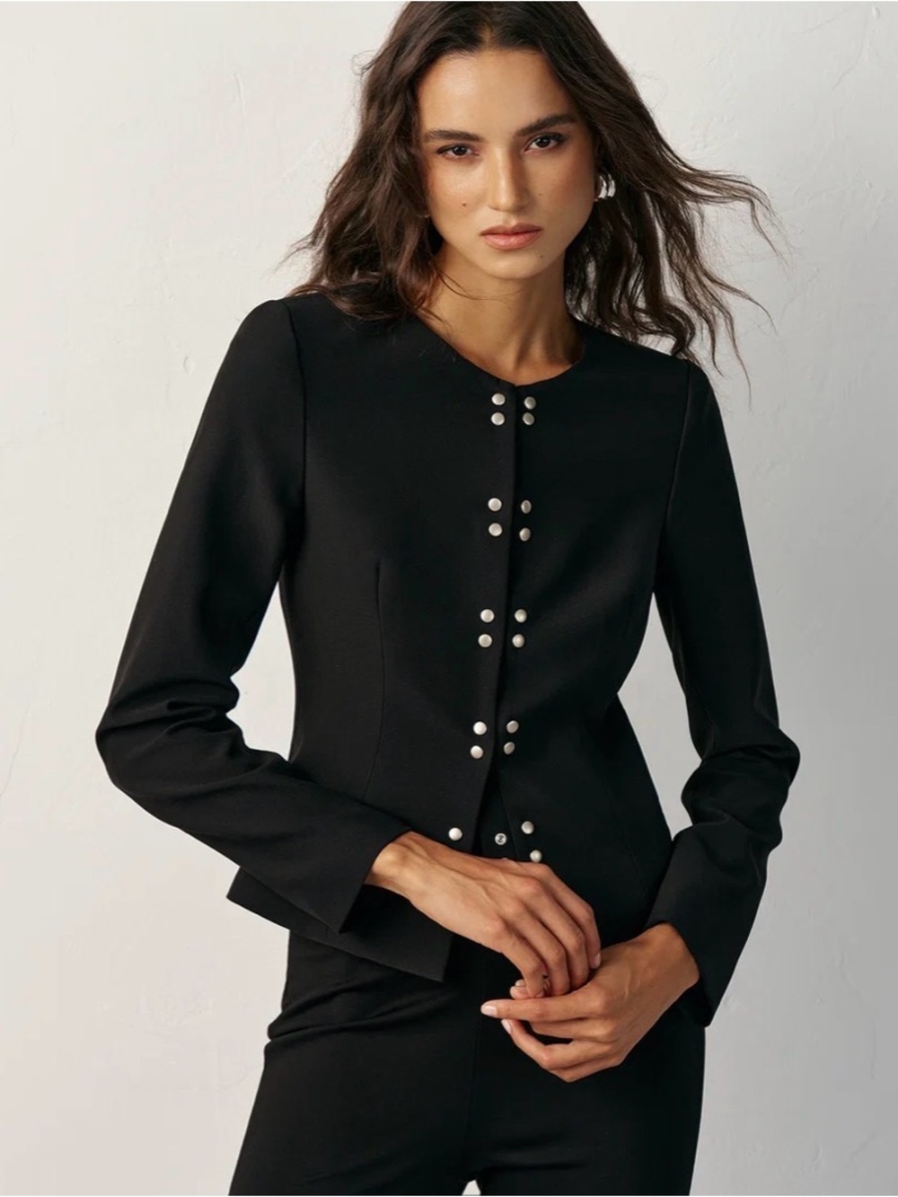 NWT Commense Black military chic Collarless Jacket with Silver Stud snaps